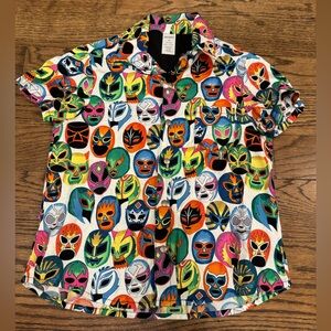 HEMET Lucha Libre Mask Button Down Shirt Size 10 Colorful Wrestler Mask Print